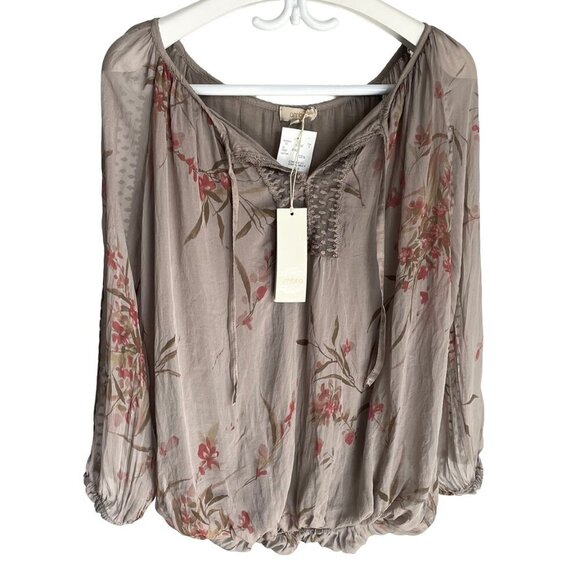 NWT AMBRA Made In Italy Silk Top Long Sleeve Floral Lace Gray Fango Womens Large - Picture 2 of 13